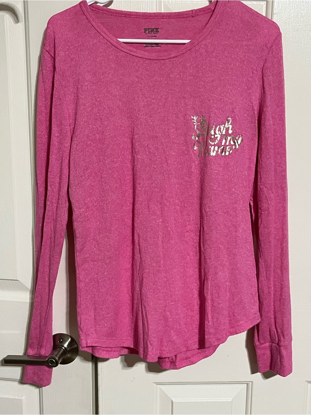 PINK Victoria's Secret Hot Pink Long-Sleeve Crewneck Top w/ Metallic Logo
14-02